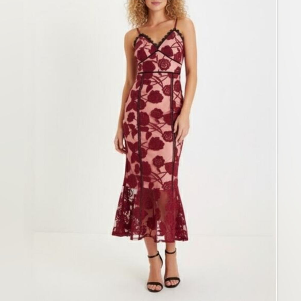 Lulu's Blush Pink and Burgundy Lace Midi Dress
